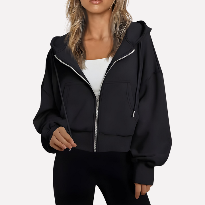 Casual women's zip-up cropped hoodie, ideal for everyday comfort & layering.