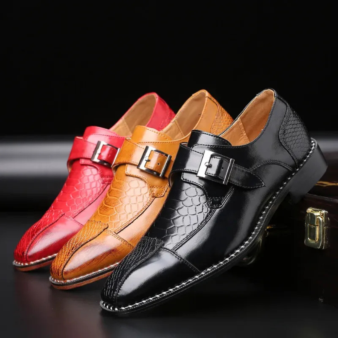 Sleek black crocodile embossed men's monk strap dress shoes, offering an elegant & professional style.