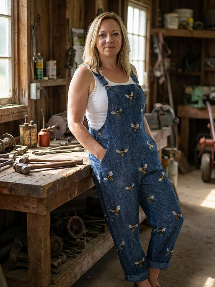 Comfortable women's relaxed fit blue jumpsuit with elegant printed straps, ideal for versatile daily wear.