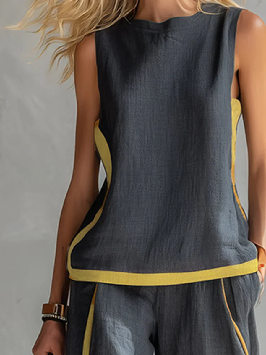 Women's elegant linen blend two-piece matching set. Perfect for versatile, comfortable summer fashion.