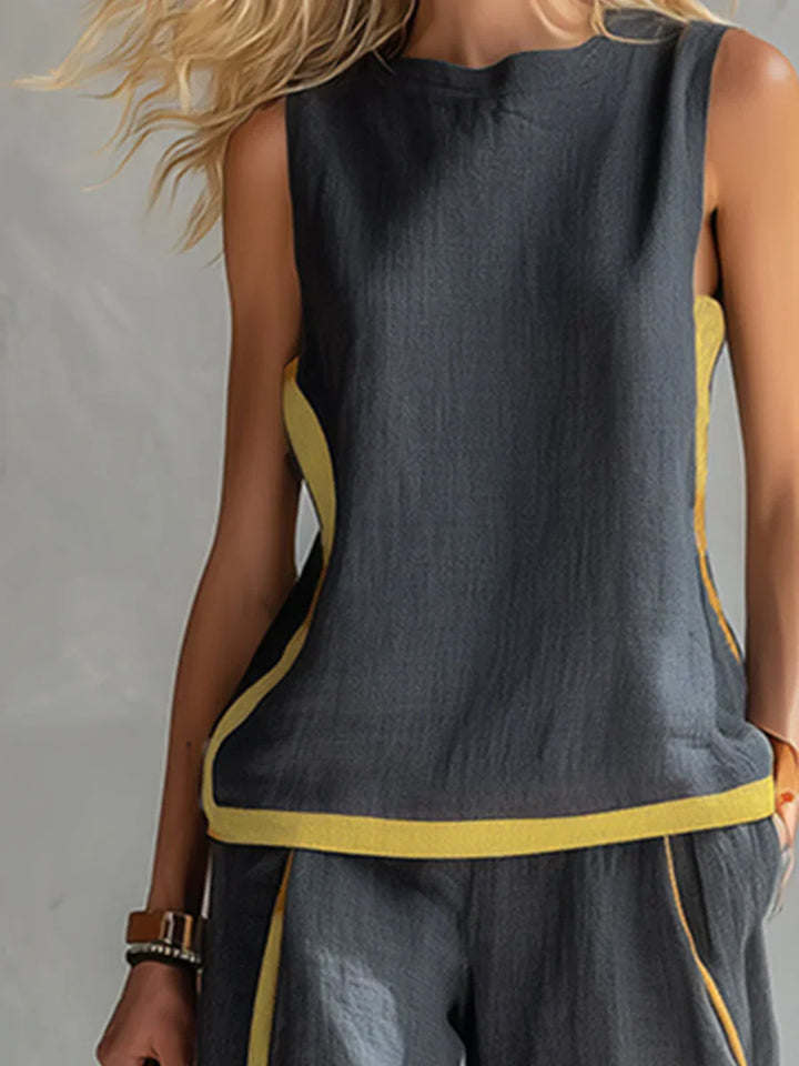 Women's elegant linen blend two-piece matching set. Perfect for versatile, comfortable summer fashion.