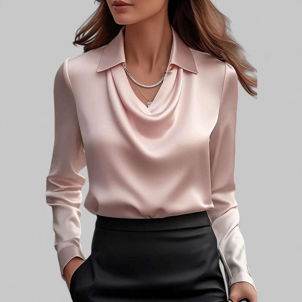 Side profile of a chic women's satin long sleeve blouse, highlighting the elegant waterfall neckline design.