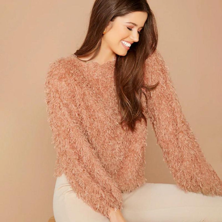 Women's cozy plush round neck sweater in a solid color, perfect for soft comfort & everyday style.