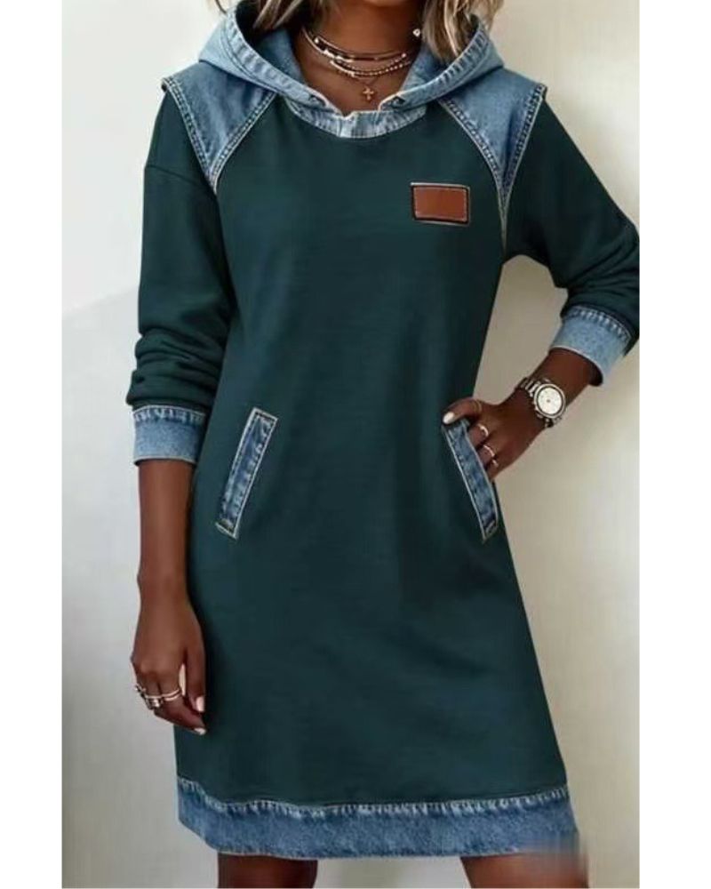 Stylish women's hooded casual dress, great for streetwear or a comfortable, modern everyday outfit.