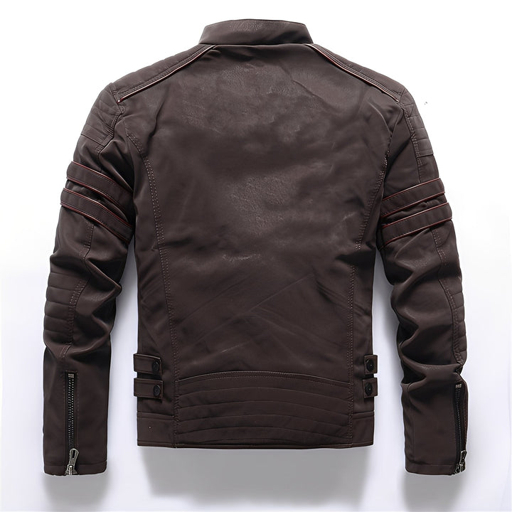 Men's stylish motorcycle jacket, robust design, perfect for bikers and casual fall/winter fashion.