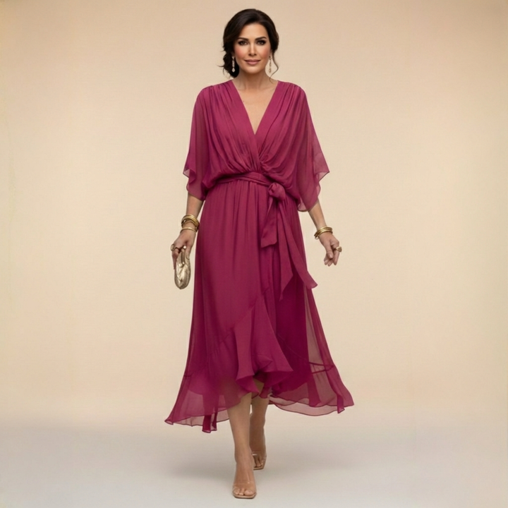 Formal V-neck maxi dress for women, featuring elegant flowy sleeves, great for evening & special occasions.