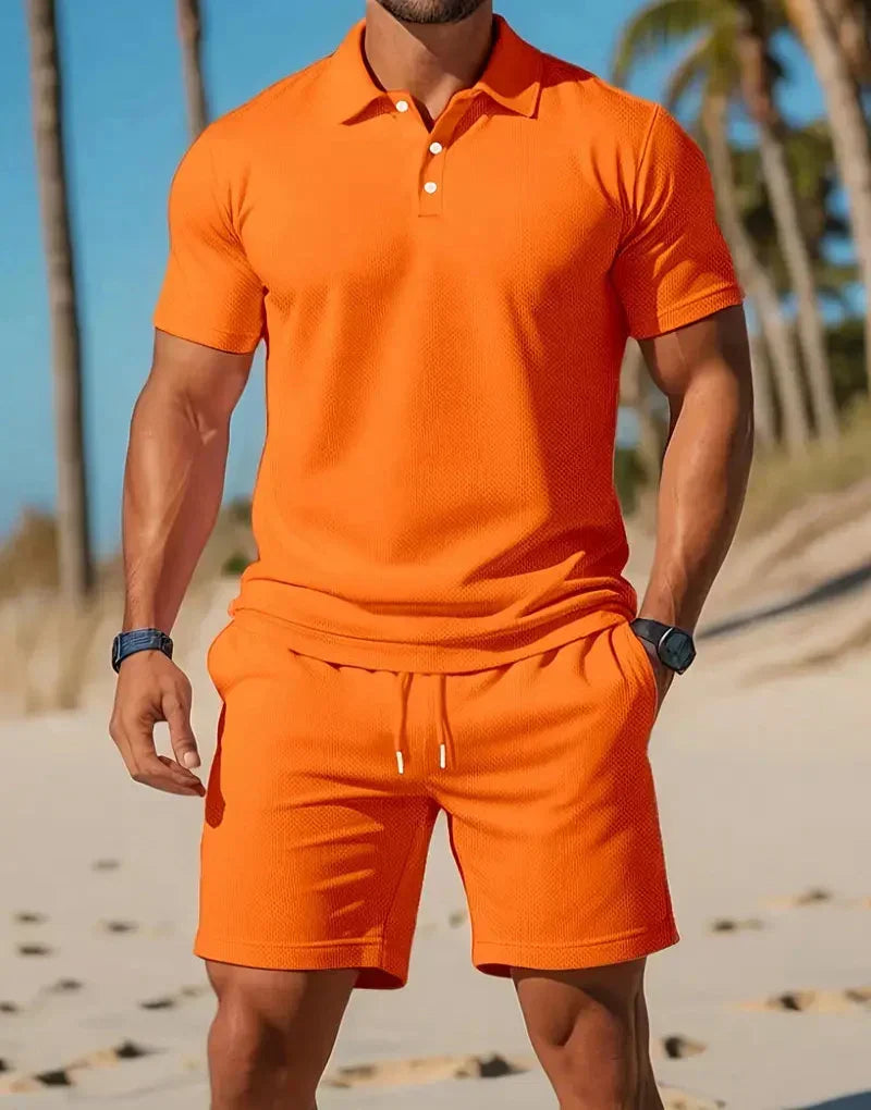Comfortable men's two-piece polo shirt & shorts set. Ideal for relaxed summer outings and stylish casual wear.