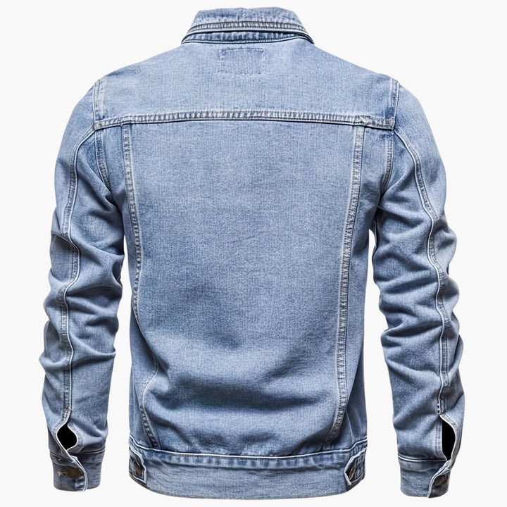 Men's slim-fit blue denim jacket for casual everyday style, perfect outerwear for men's fashion.