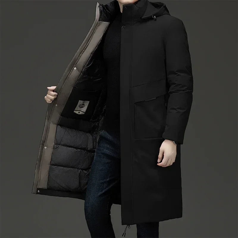 Warm grey men's hooded long coat, perfect for winter cold weather. Stylish outerwear for men's fashion.