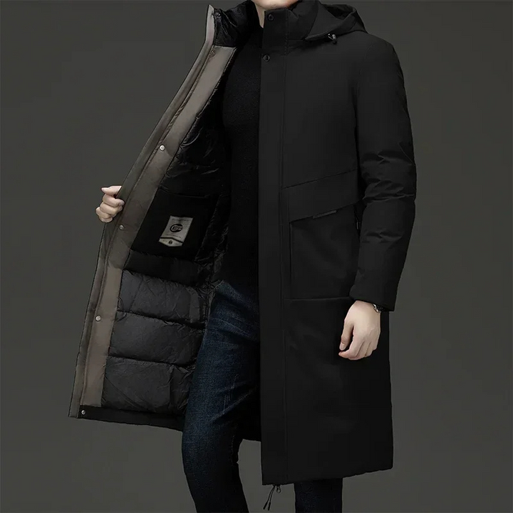 Warm grey men's hooded long coat, perfect for winter cold weather. Stylish outerwear for men's fashion.