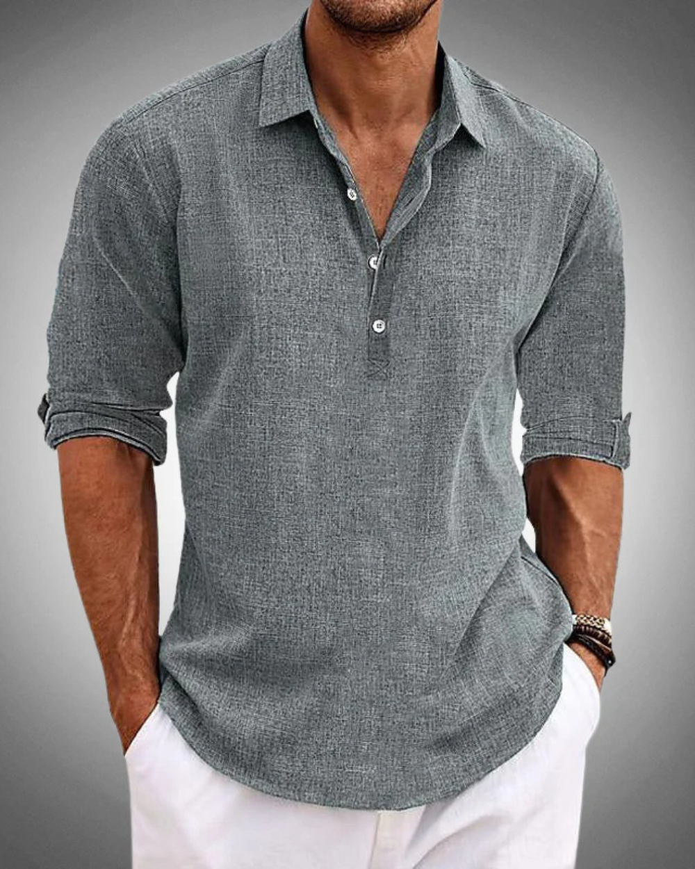 Lightweight men's short-sleeve button-up shirt, offering a timeless look for summer and business casual.