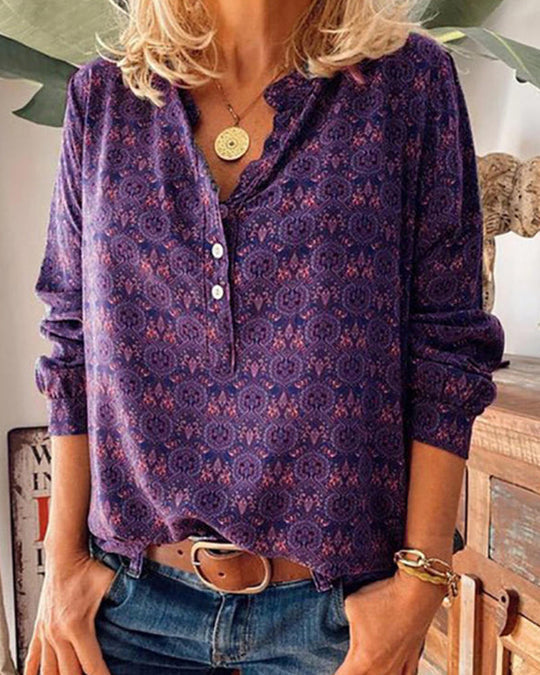 Stylish women's long sleeve vintage print blouse for work wear & versatile fashion. Elevates any classic look.