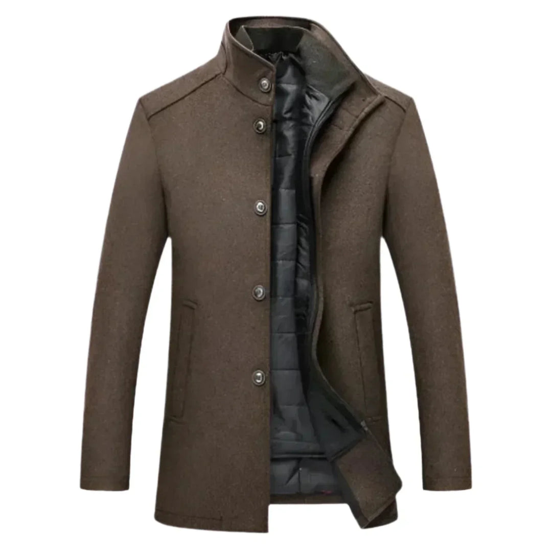Men's mid-length stand collar overcoat, perfect for stylish fall & winter layering.