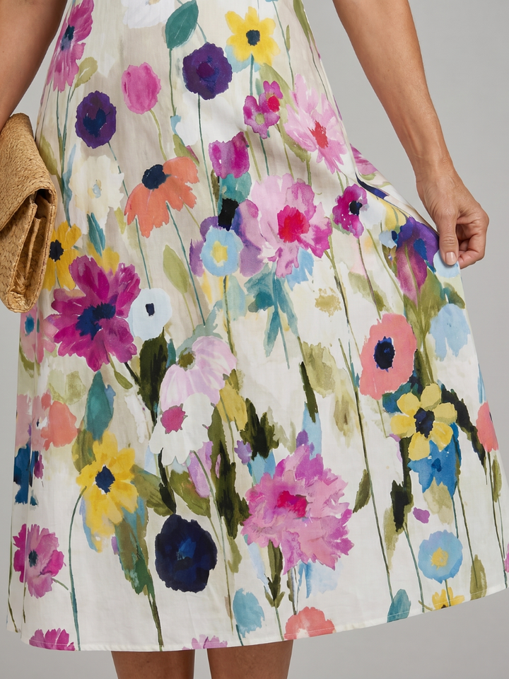 Casual women's floral print sleeveless midi dress. Features a vibrant pattern and comfortable, relaxed fit.