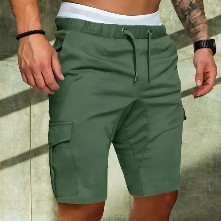 Multi-pocket men's cargo shorts, durable fabric for active outdoor and casual summer wear.