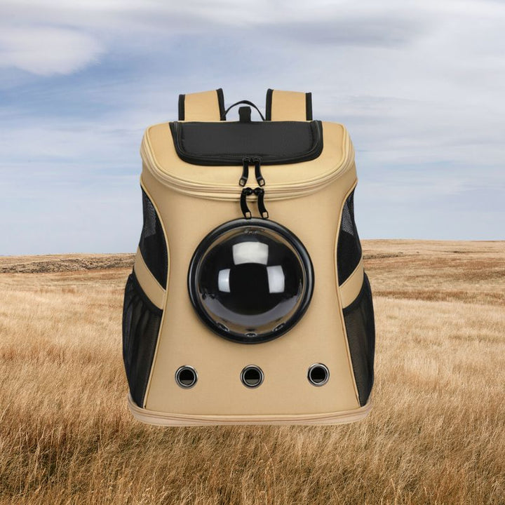 Cat carrier backpack featuring a clear panoramic window, offering your pet a full view during travel.