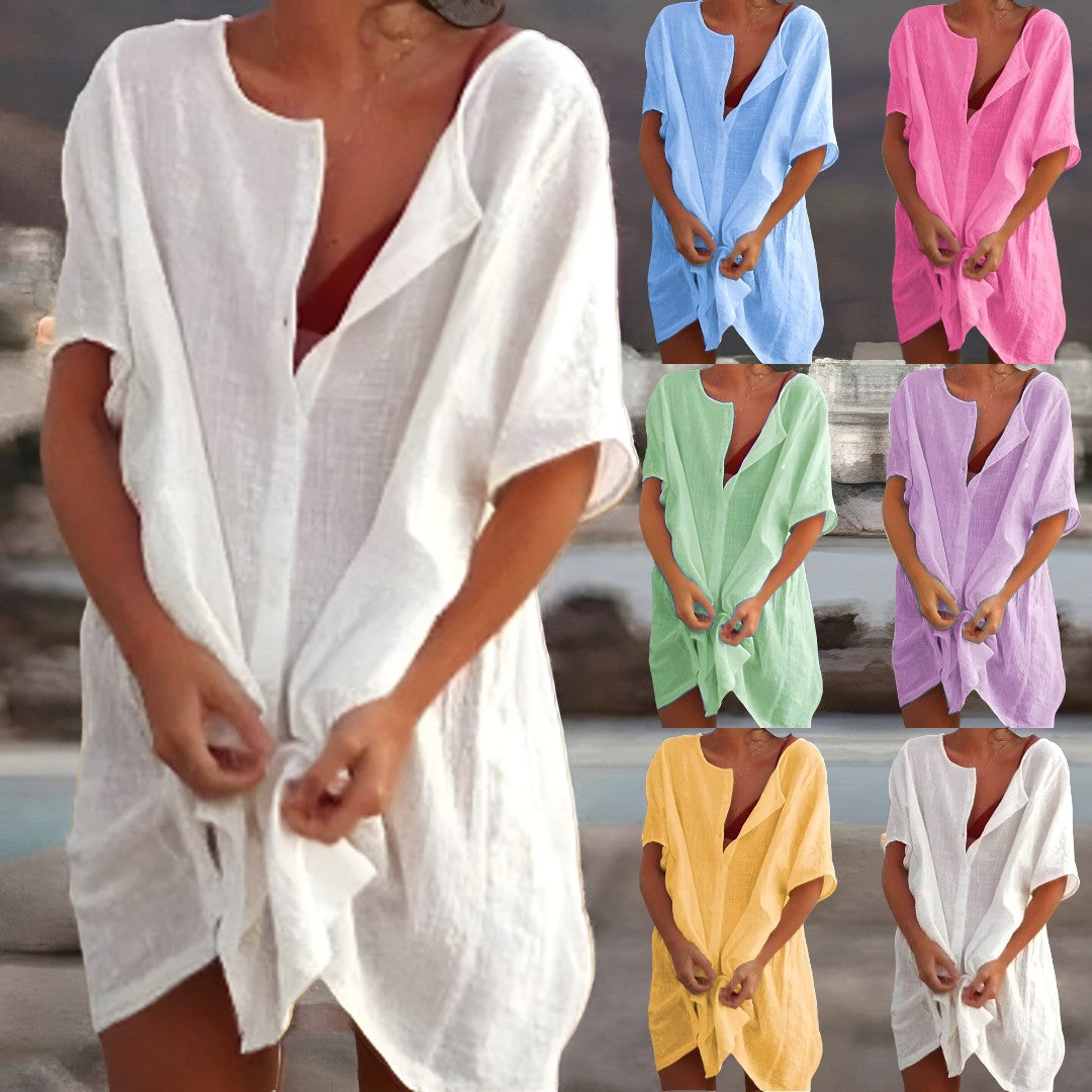 Effortless flowy summer midi dress for women, perfect for beach, brunch & everyday casual style.