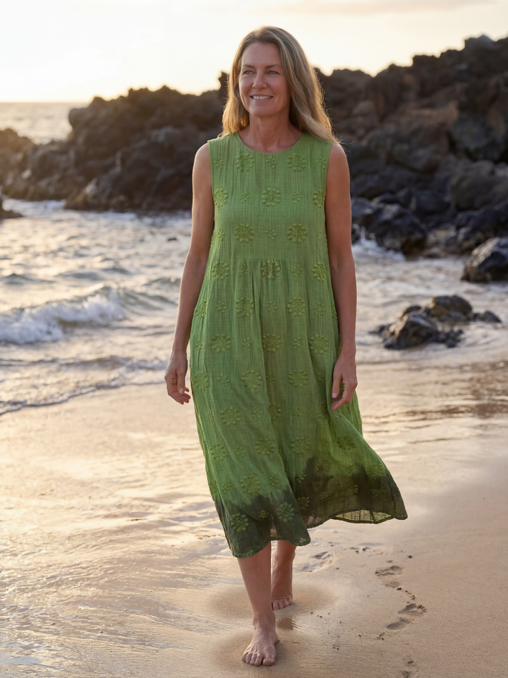 Women's green textured sleeveless midi dress, perfect for casual summer everyday wear. Relaxed fit pull-on style.