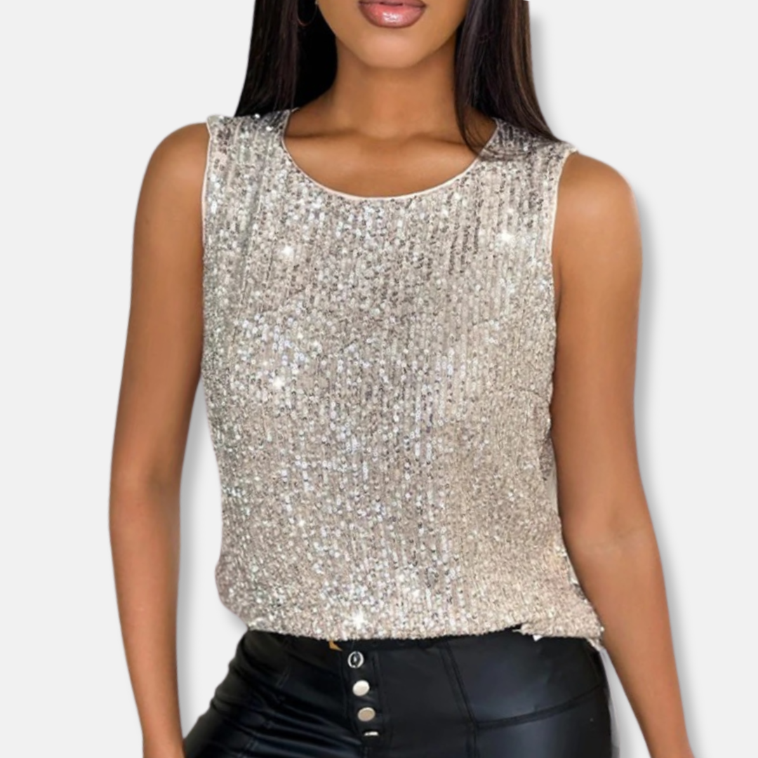 Glamorous women's cropped sequin sleeveless top in silver. Sparkling evening wear for parties & night outs.