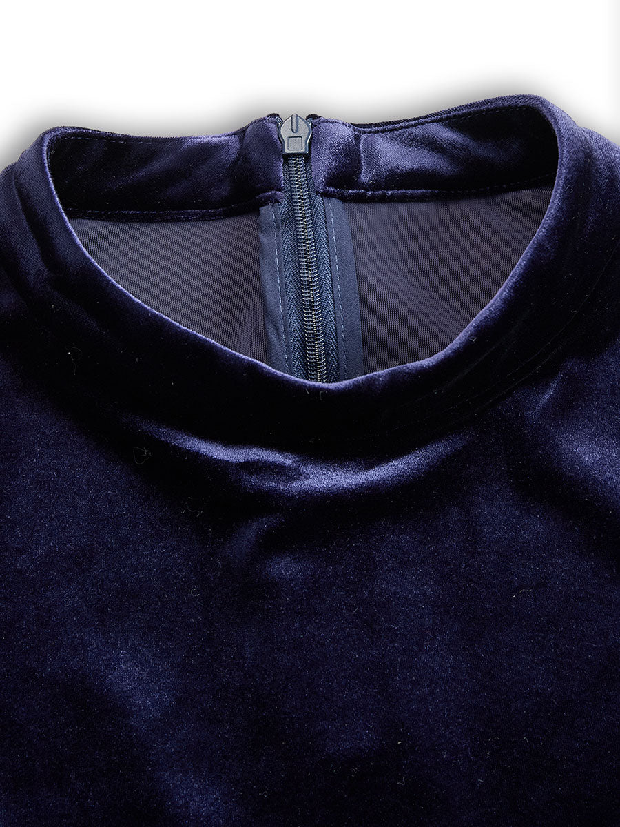 Sophisticated women's long-sleeve A-line midi dress, available in black, navy, burgundy, and royal blue.