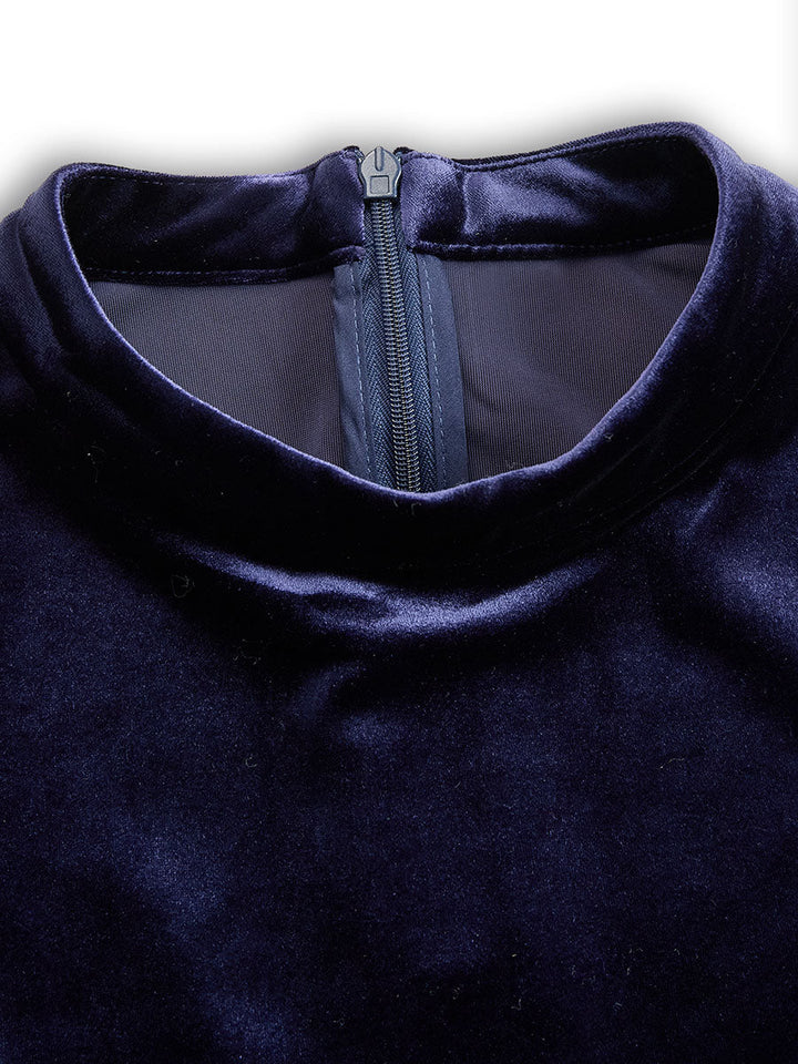 Sophisticated women's long-sleeve A-line midi dress, available in black, navy, burgundy, and royal blue.