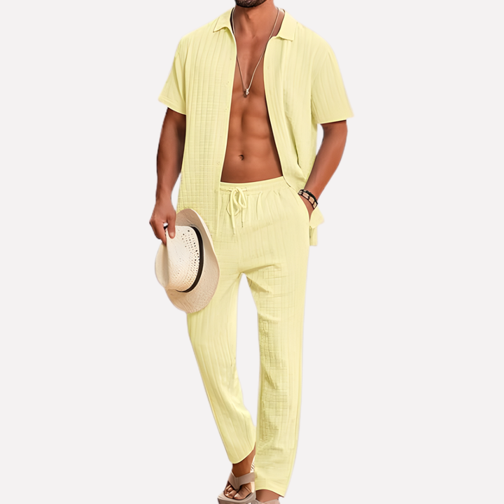 Relaxed men's summer co-ord set, perfect for beach, vacation, or warm weather leisure.