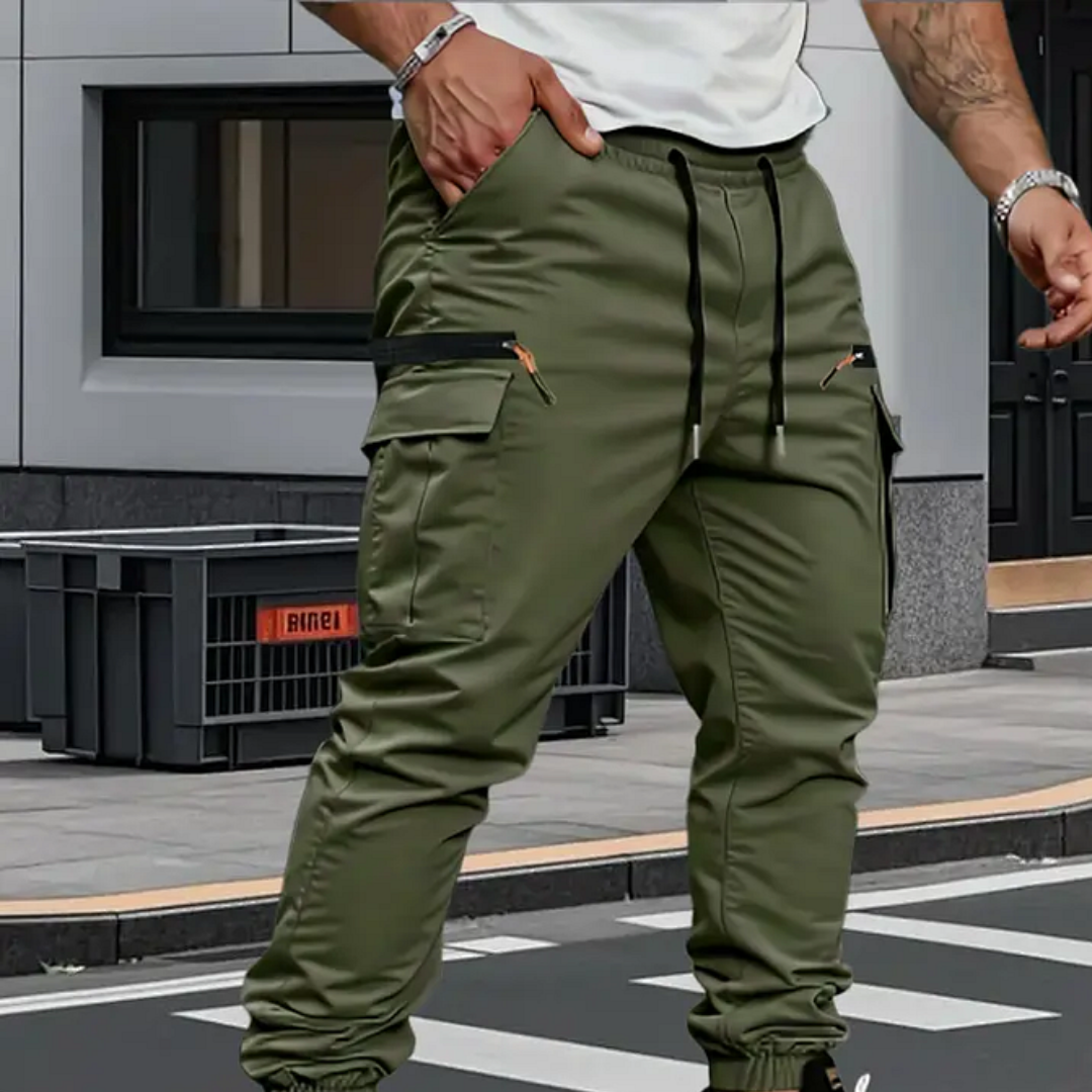 Men's casual cargo pants with a comfortable tapered fit, drawstring waist, and utility pockets for everyday wear.
