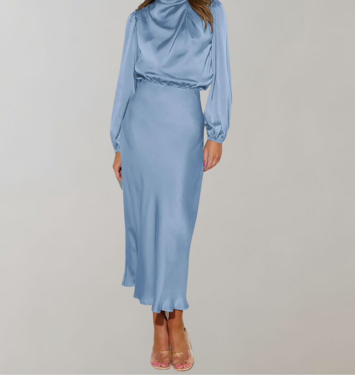 Modern women's elegant midi dress, designed with a high neck & long sleeves for a chic, versatile evening style.