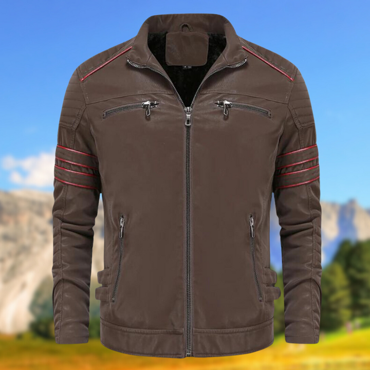 Man wearing a fashionable men's slim-fit casual jacket with accent stripes, ideal for trendy men's fashion.