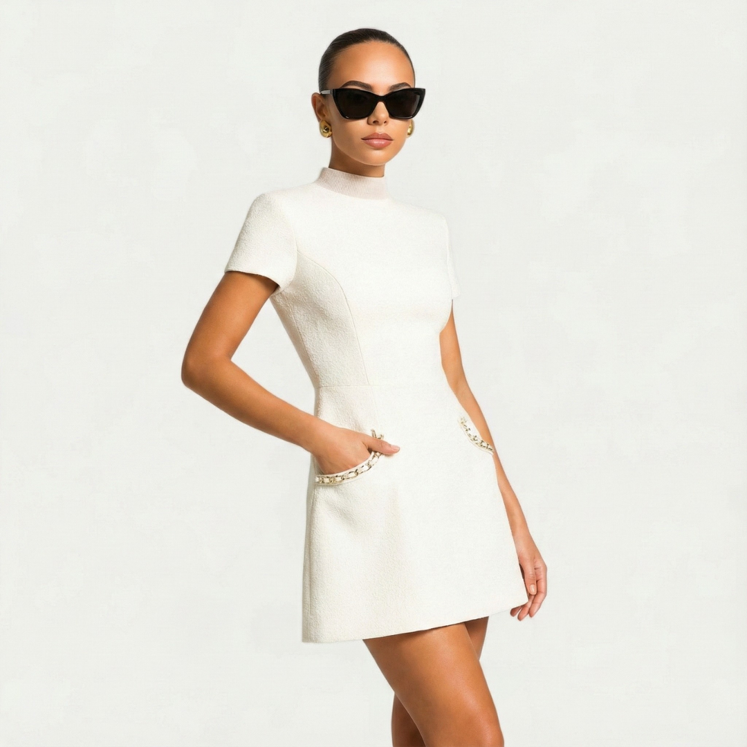 Elegant women's mini party dress with sophisticated pearl trim, ideal for stylish evening wear.