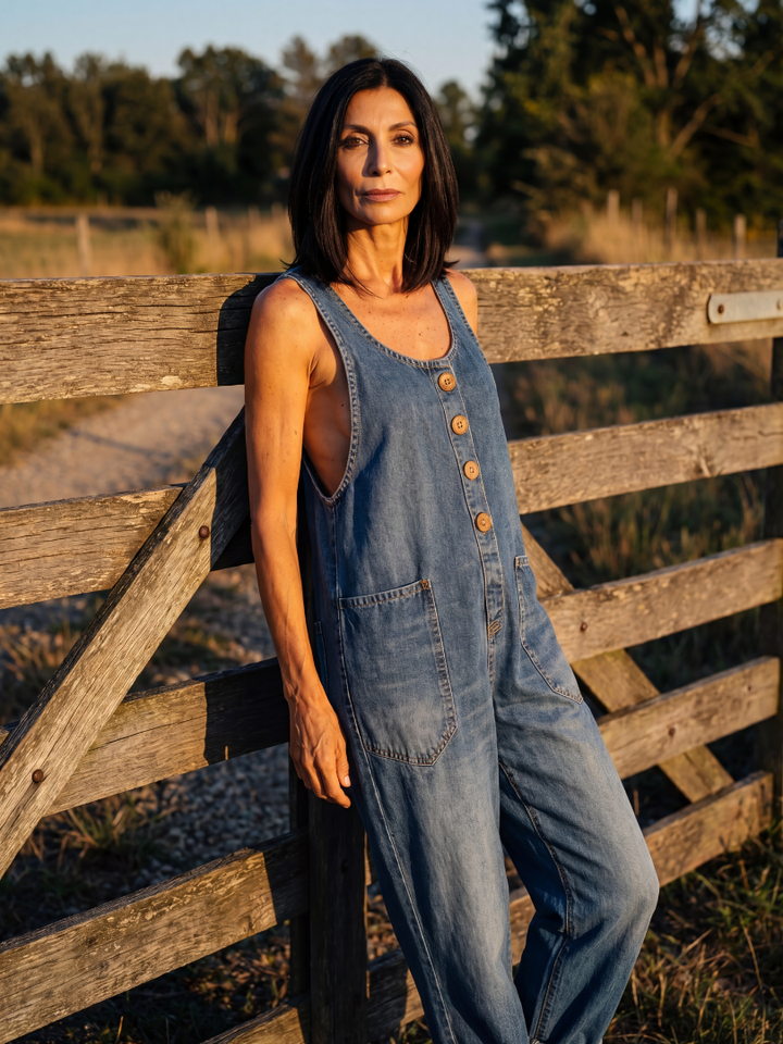 Comfortable women's full-length navy jumpsuit featuring a stylish rooster print, ideal for relaxed casual wear.