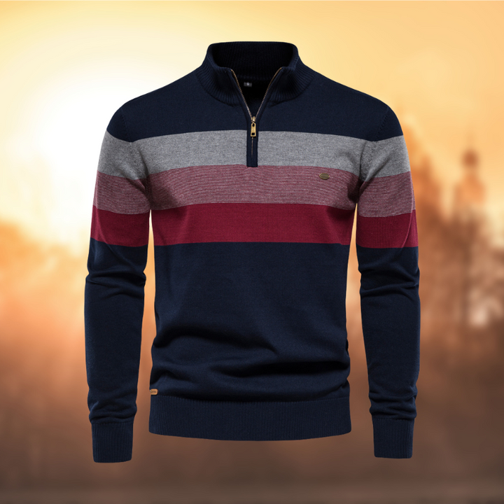 Men's versatile striped half-zip pullover sweater. Perfect for casual long-sleeve style and everyday wear.