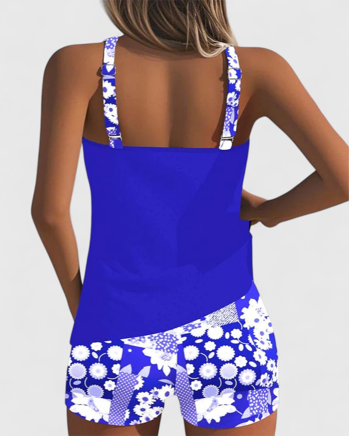 Flattering women's floral tankini swimwear. Comfortable two-piece for beach, pool, or resort.