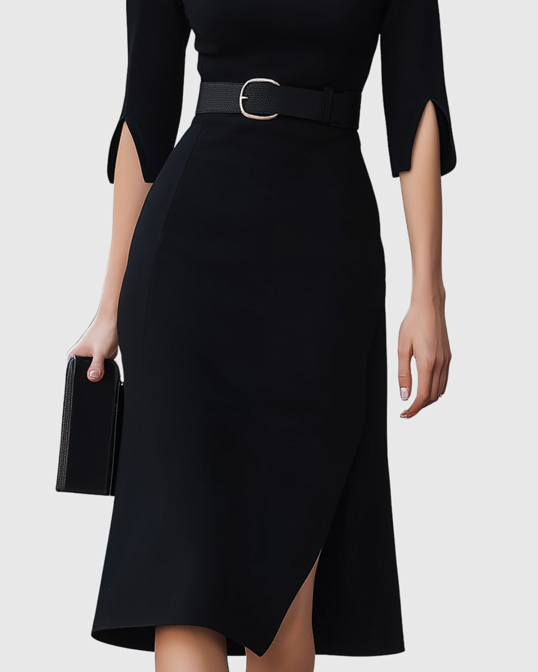 Classic black midi dress, an essential womenswear piece for formal occasions, evening events, and elegant fashion.