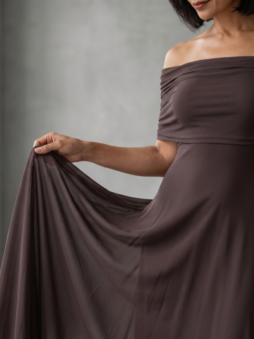 Sophisticated red off-shoulder draped midi dress, a stunning choice for formal events & parties.