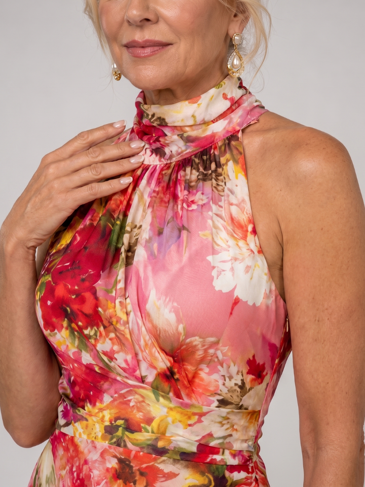 Bright floral print halter neck maxi dress for women, a stylish and comfortable summer or boho dress.