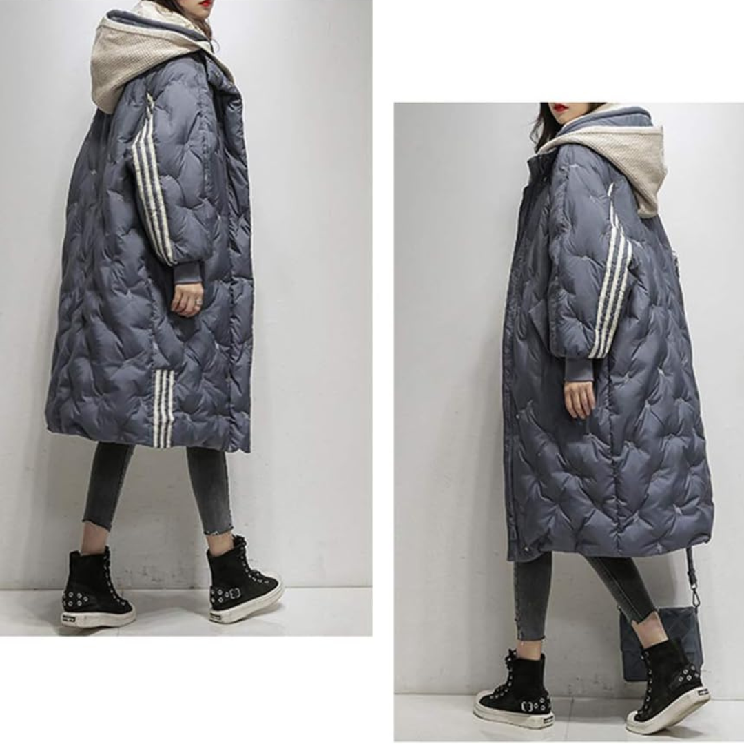 Premium women's elegant hooded puffer jacket, offering warmth and style for winter outerwear.