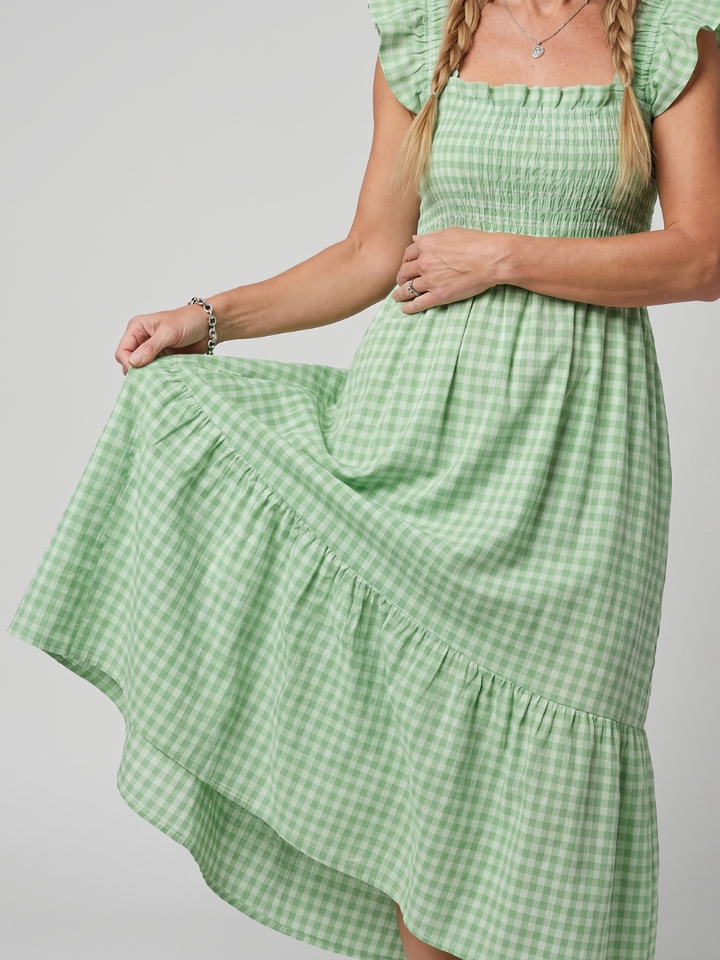 Flowy sleeveless gingham midi dress with an elegant square neck, perfect for women's summer wear.