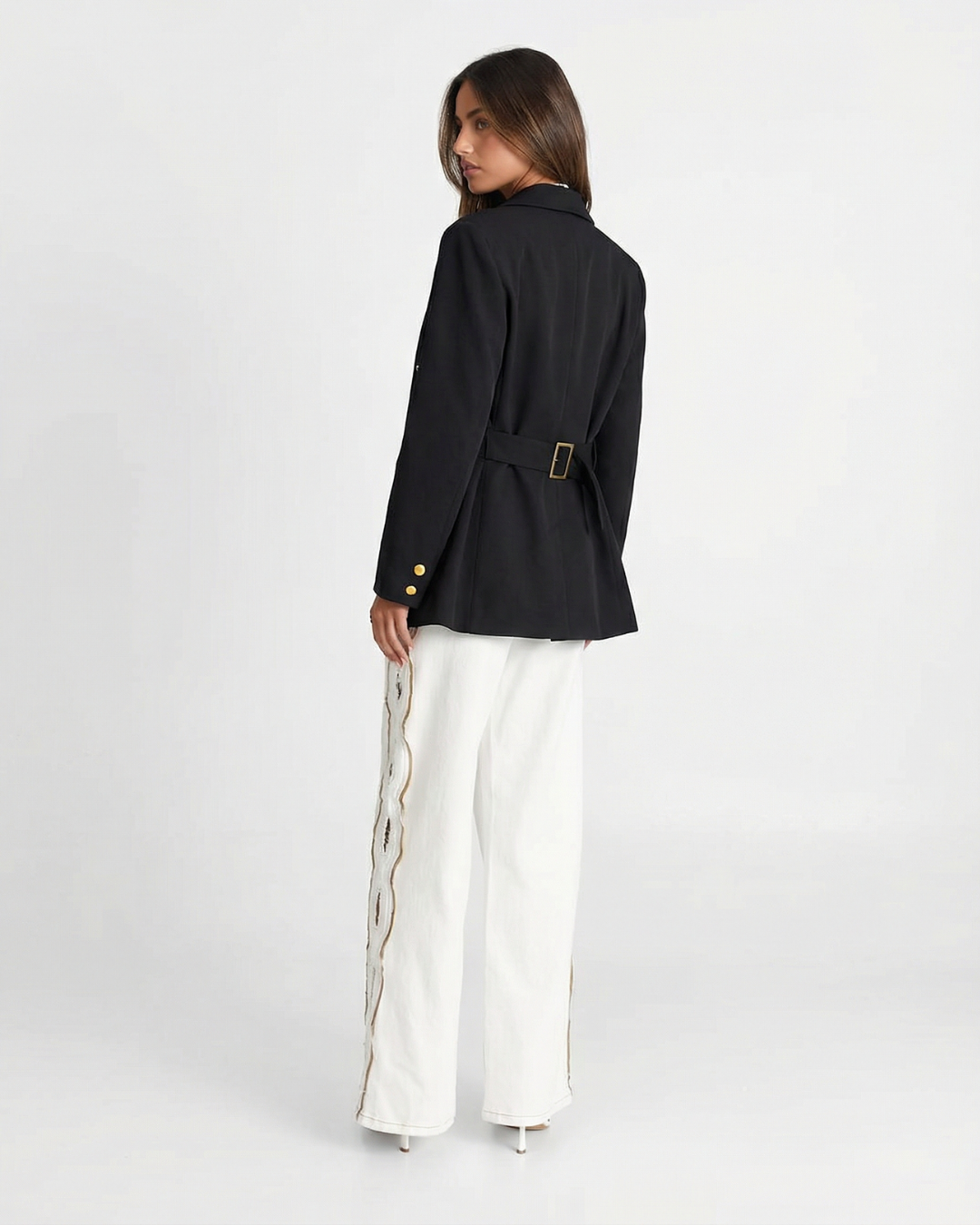 Elegant women's gold button tailored blazer. Smart style perfect for office, professional meetings, or chic casual wear.
