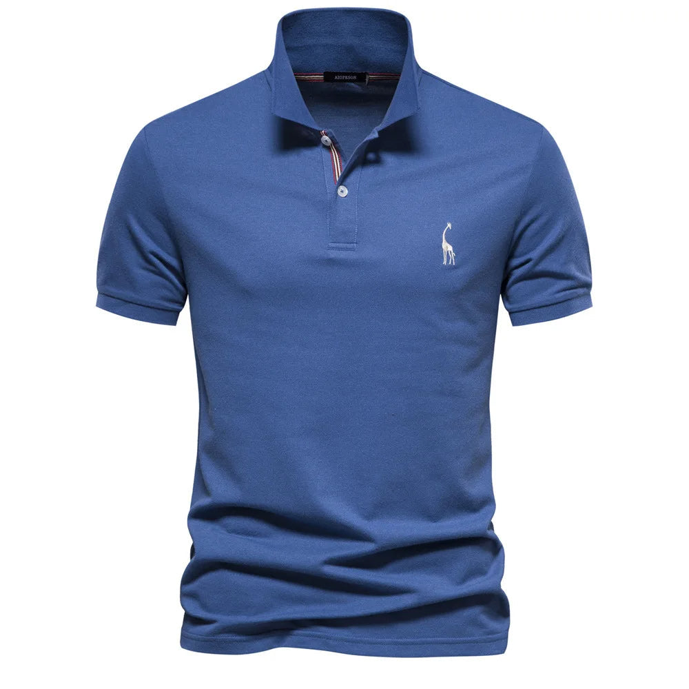 Stylish men's embroidered polo shirt, classic fit, button placket, deer motif for versatile wear.