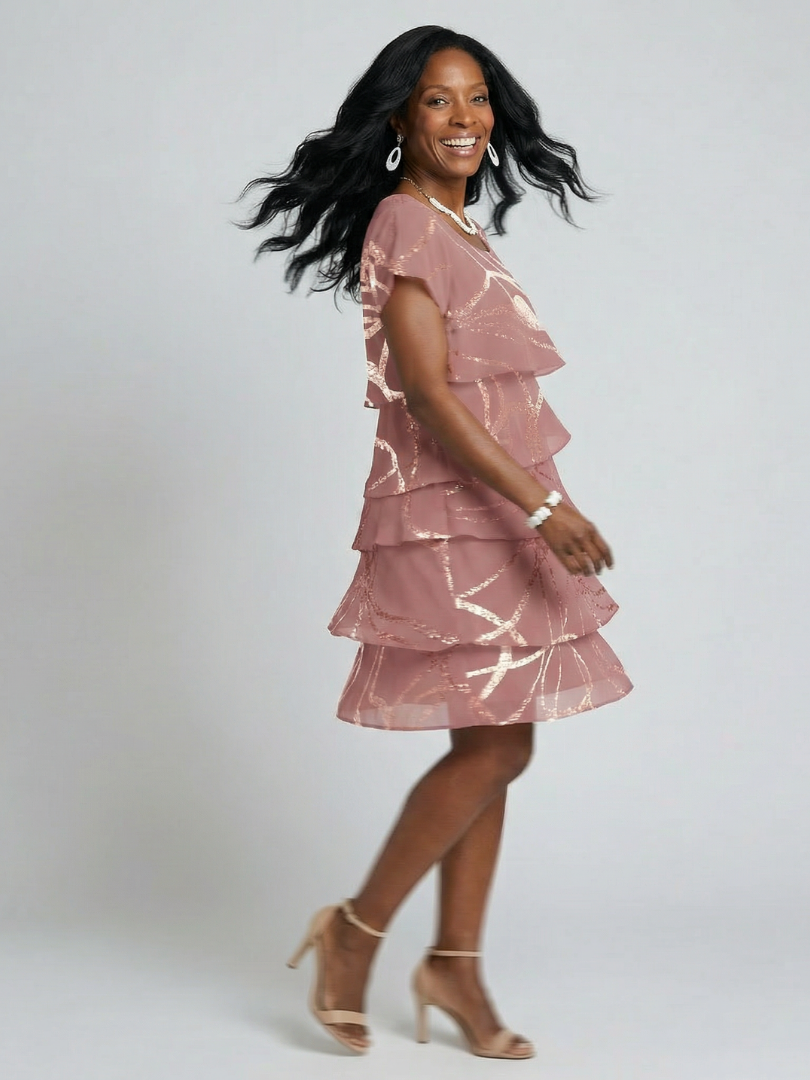 Relaxed fit women's pink abstract print day dress with a comfortable round neck & short sleeves. Ideal for summer casual wear.