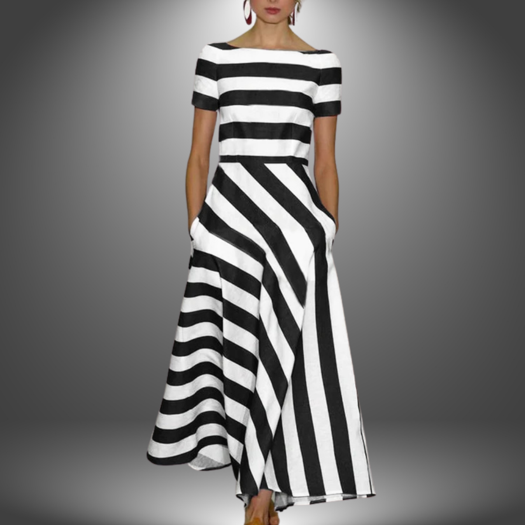 Stylish women's paneled striped midi dress, featuring an asymmetrical hem and comfy short sleeves for a unique summer look.