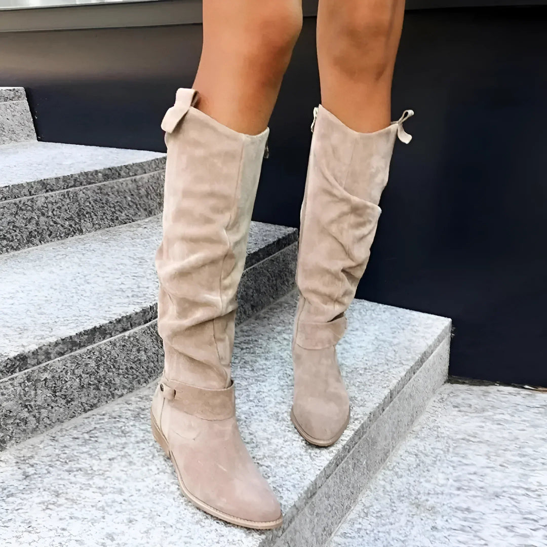 Modern black elegant women's high boots, ideal for stylish fall & winter outfits.