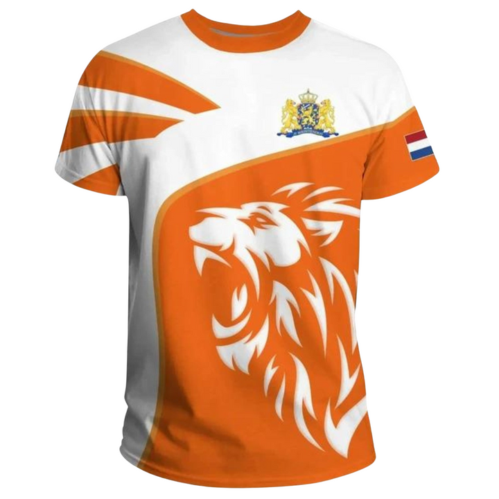 Casual men's t-shirt featuring a unique 3D Netherlands Flag design. Limited 2024 exclusive patriotic wear.