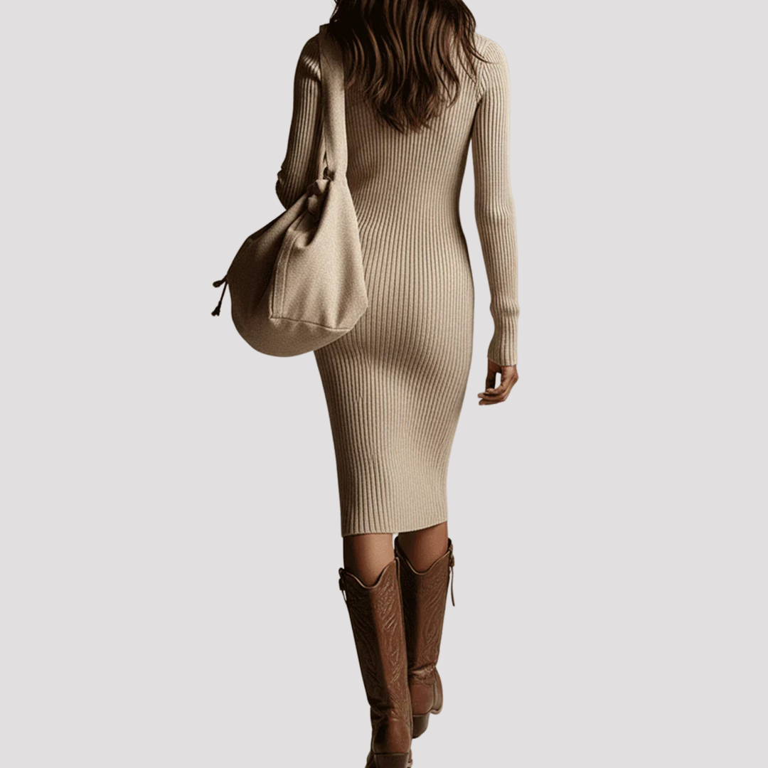 Chic women's midi dress, collared V-neck & long sleeves. Elegant, versatile for everyday or fall/winter style.