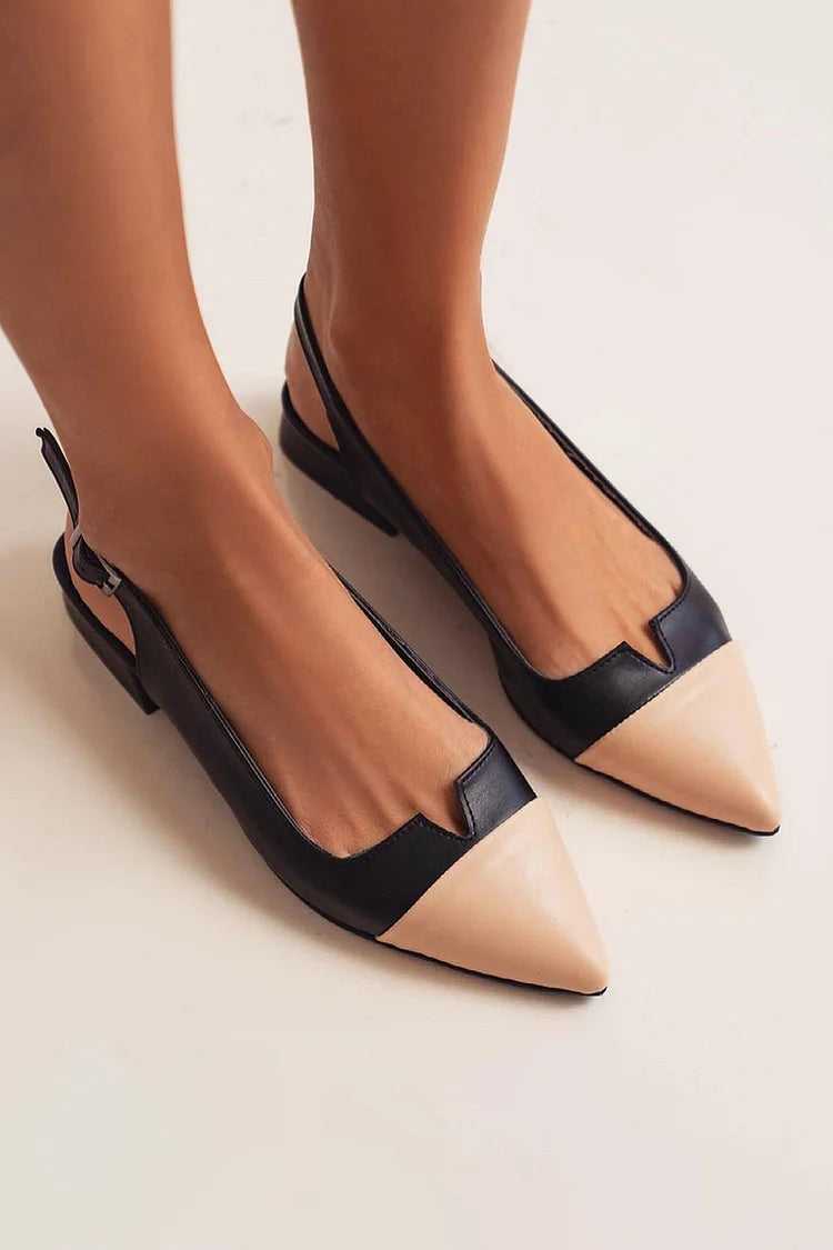 Stylish women's bi-color pointed ballet flats, featuring an elegant design and comfortable back strap for footwear.