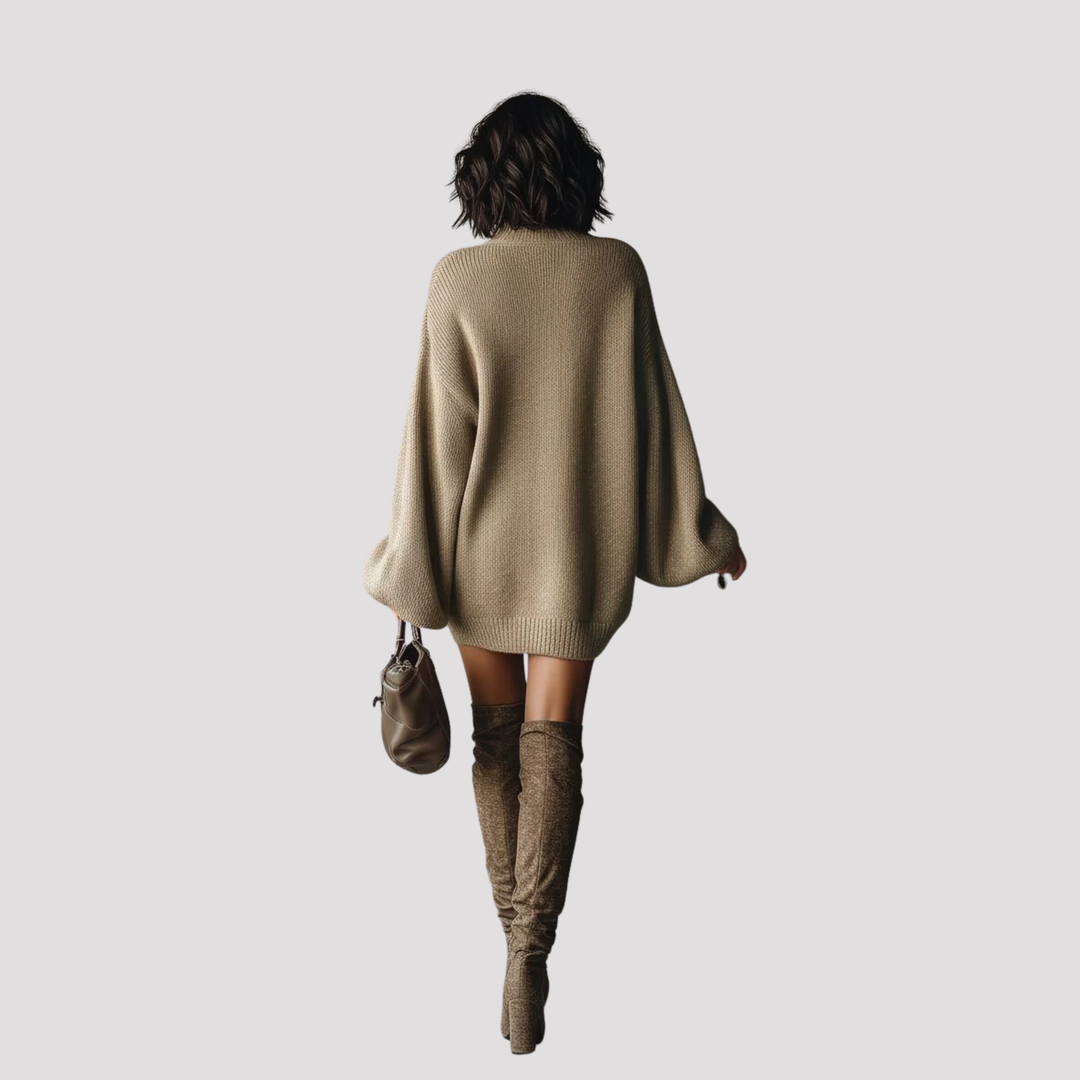 Cozy women's oversized knit turtleneck dress with long sleeves and a relaxed fit, ideal for winter fashion.