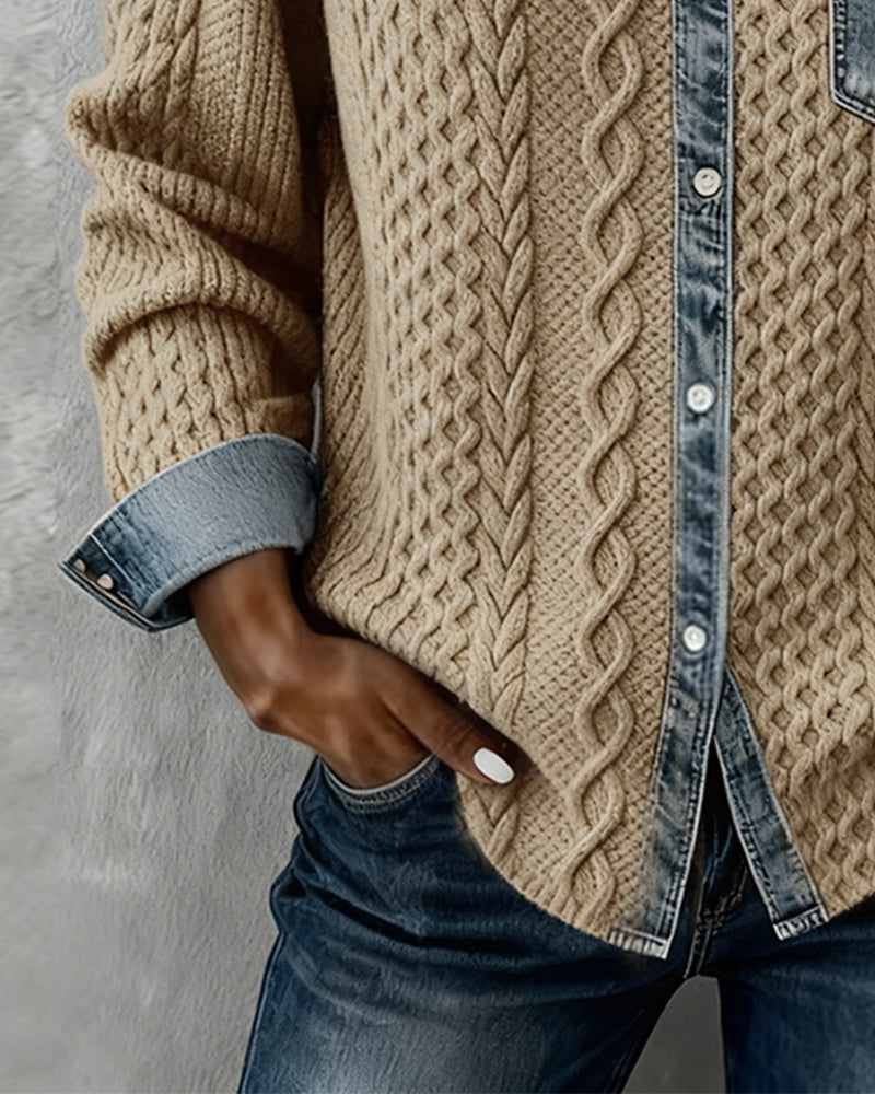 Comfortable women's cable knit top. Button-front, long-sleeve blouse with sophisticated texture for casual elegance.