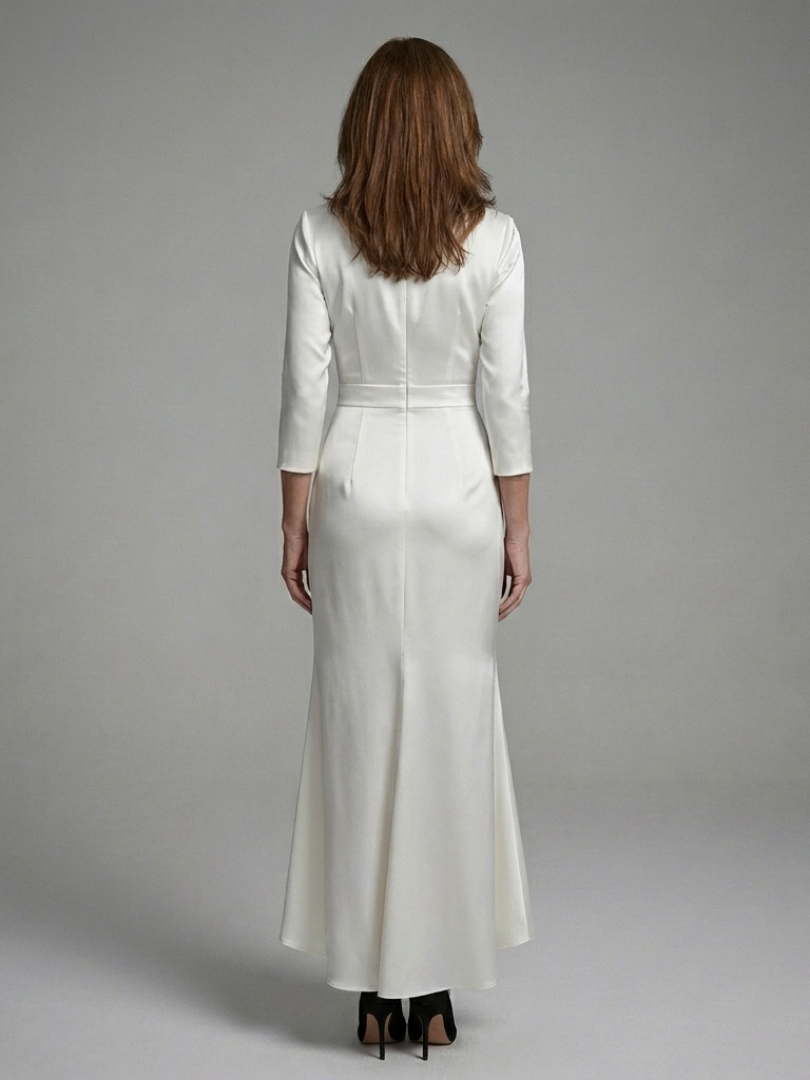 Black long sleeve wrap midi dress with elegant high-low hem. Sophisticated and tailored fit for occasions.