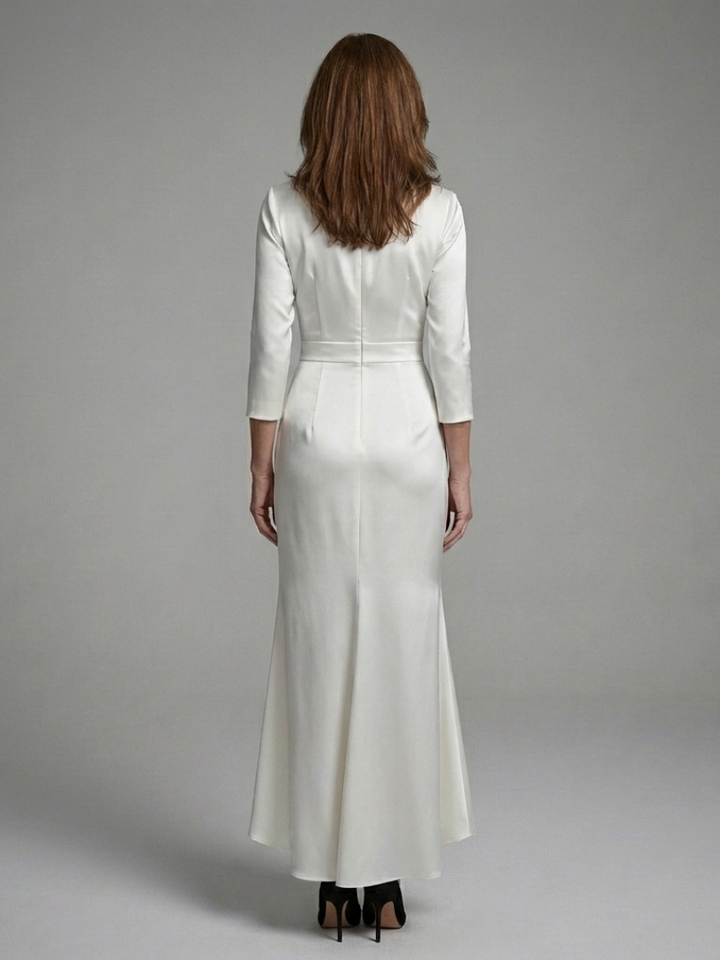 Black long sleeve wrap midi dress with elegant high-low hem. Sophisticated and tailored fit for occasions.